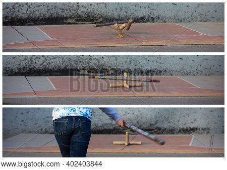 Gorodki (literally Little Cities Or Townlets) - A Russian Folk Sport Game. A Collage Of Photos Showi