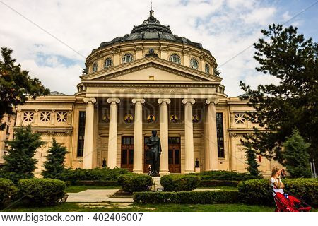 Detail View Over The Romanian Athenaeum Or Ateneul Roman, In The Center Of Bucharest Capital Of Roma