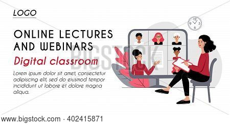 Horizontal Banner Header Template. Young Woman Listening Webinar Training Lesson. Teacher And Studen