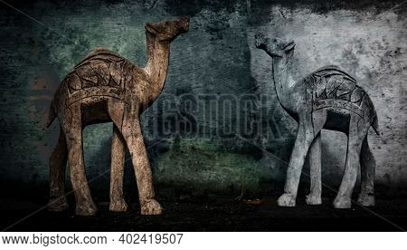 Silhouette Of A Camel On A Wall And Woode Background. Background Of Annual Rings. Camel For Traveler