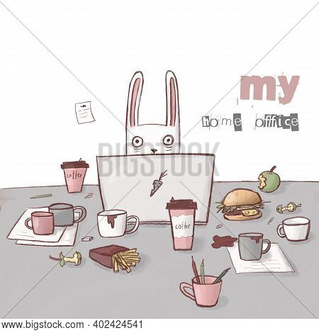 Funny Rabbit Working In His Home Office During Pandemic, Distance Work Hand Drawn Illustration