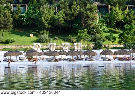 Turkey, Bodrum, October 2020. Beautiful Seascape. Sea, Mountains And Expensive Hotel Lujo Bodrum. Re