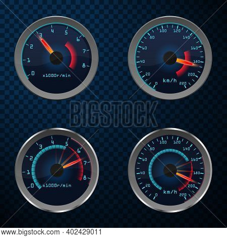 Set Of Isolated Car Or Moto, Truck Speedometer. Realistic Sensor Panel With Arrows. Vector Illustrat