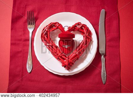 Marriage Proposal And Engagement Concept. Table Setting For Valentine's Day, Wedding Cutlery, Romant