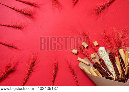 Original Edible Gift For Man In The Form Of A Bouquet Consisting Of Sausages, Smoked Cheese, Spicy C
