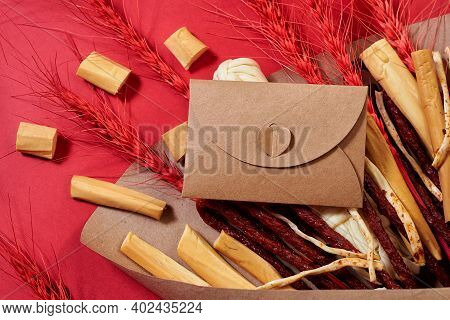 Original Edible Gift In The Form Of A Bouquet Consisting Of Sausages, Smoked Cheese, Spicy Cheese, R