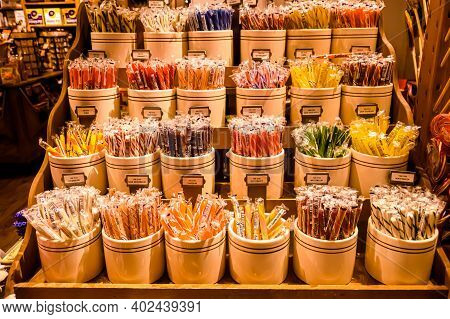 A Set Of Assorted Color Thin Stick Candy In White Cups At A Restaurant In Fishkill, New York. 1/8/20