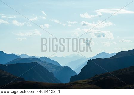 Awesome Aerial View To Great Mountains In Distance Behind Deep Gorge. Scenic Mountain Landscape With