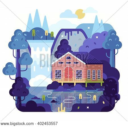 Vector Cartoon Illustration House On Stilts Stands On The Shore Of A Lake, Waterfall And Mountains I
