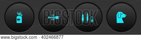 Set Camping Gas Stove, Sniper Optical Sight, Bullet And Cartridge And Dog Icon. Vector