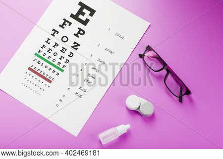 Ophthalmologist Accessories Glasses, Lenses And Vitamins With A Test Target For Vision Correction On
