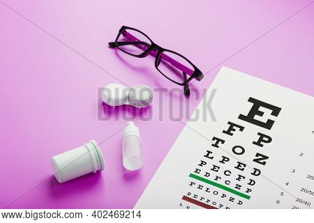 Ophthalmologist Accessories Glasses, Lenses And Vitamins With A Test Target For Vision Correction On