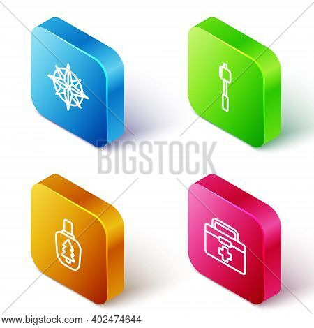 Set Isometric Line Wind Rose, Marshmallow On Stick, Canteen Water Bottle And First Aid Kit Icon. Vec