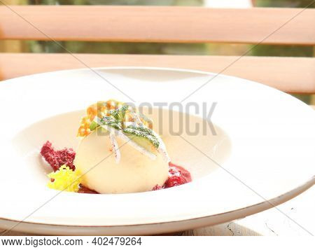 White Cheese Ball On A Platter Close-up.