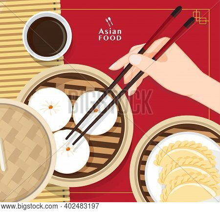 Dim Sum Illustration Vector Of Chinese Food, Asian Food Dim Sum In Steamer