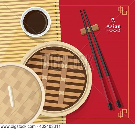 Dim Sum Illustration Vector Of Chinese Food, Asian Food Dim Sum In Steamer