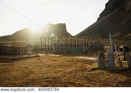 Traditional Authenic Viking Village Replica Movie Set Film Location In Hofn Stokksnes Vestrahorn Sou