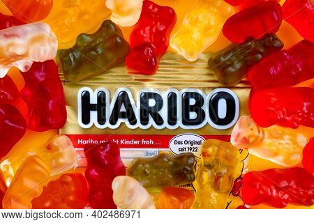 Tambov, Russian Federation - January 06, 2021 Haribo Bear Gummy Candies On Haribo Brand Pack