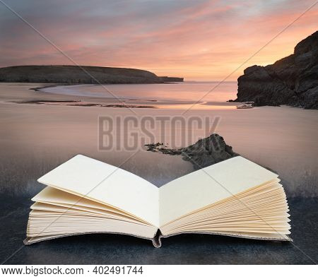 Digital Composite Of Stunning Sunrise Landsdcape Of Idyllic Broadhaven Bay Beach On Pembrokeshire Co