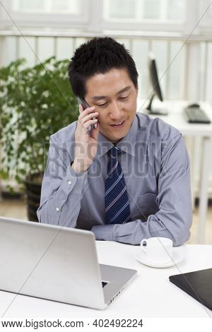 Businessman Using A Laptop And Phono In An Office High Quality Photo