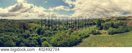 Picturesque Aerial Panorama Of Spring Countryside On A Sunny Day.