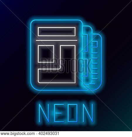 Glowing Neon Line Stock Market News Icon Isolated On Black Background. Newspaper Sign. Mass Media Sy