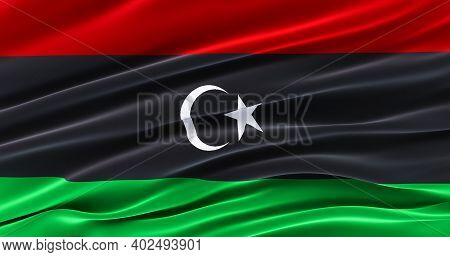 Waving Fabric Flag Of Libya, Silk Flag Of Libya. 3d Render