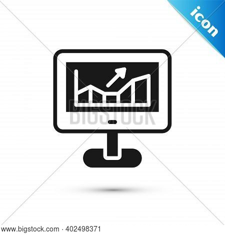 Grey Computer With Stocks Market Growth Graphs And Money Icon Isolated On White Background. Monitor 
