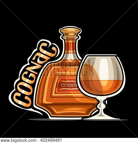 Vector Logo For Cognac, Outline Illustration Of Brown Bottle With Decorative Label And Half Full Sni