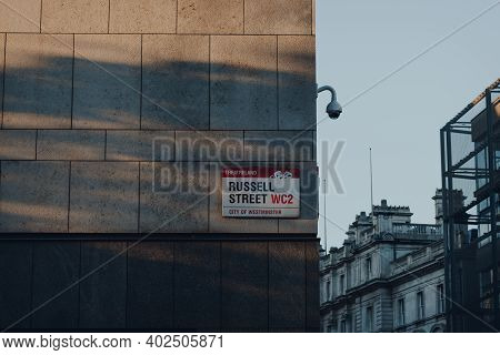 London, Uk - November 19, 2020: Street Name Signs On A Building In Russell Street In Covent Garden, 