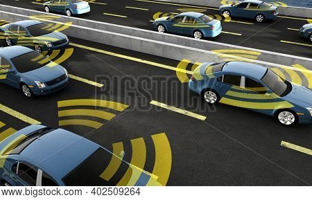 Autonomous Cars On A Road With Visible Connection