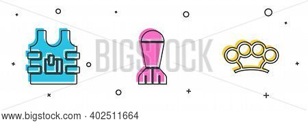 Set Bulletproof Vest, Aviation Bomb And Brass Knuckles Icon. Vector