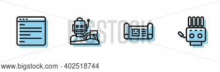 Set Line Robot Blueprint, Computer Api Interface, Humanoid Driving Car And Mechanical Robot Hand Ico