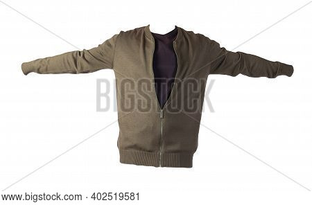 Men's Dark Gren Knitten Bomber Jacket And Black T-shirt Isolated On A White Background. Fashionable 