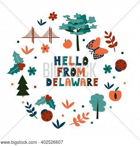 Usa Collection. Hello From Delaware Theme. State Symbols Round Shape Card