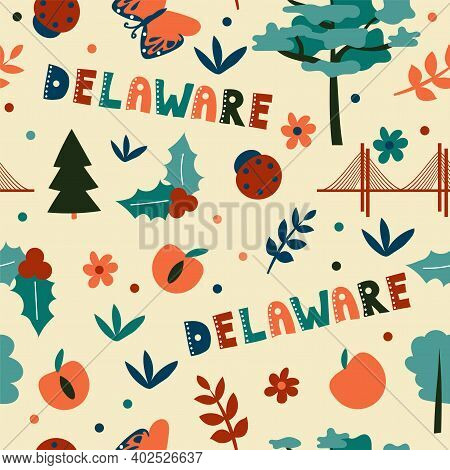 Usa Collection. Vector Illustration Of Delaware Theme. State Symbols - Seamless Pattern