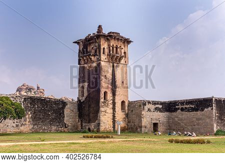 Hampi, Karnataka, India - November 5, 2013: Zanana Enclosure. Northern Brown Stone Watchtower Agains