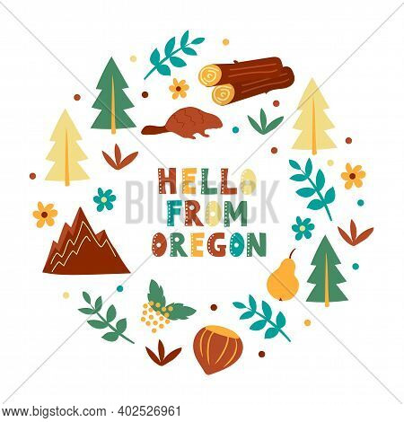 Usa Collection. Hello From Oregon Theme. State Symbols Round Shape Card