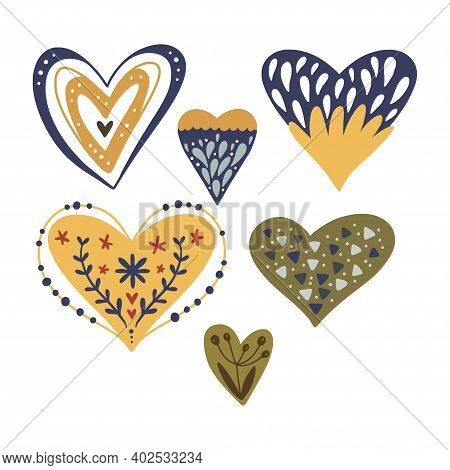 Cartoon Scandinavian Vector Heart Collection. Hand Drawn Valentines, Day Symbol Set With Flower Shap