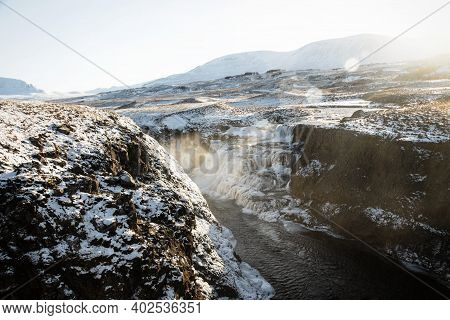Panoramic View Of Reykjafoss Fosslaug Waterfall Cascade Varmahlid Svarta River In Nordurland Iceland