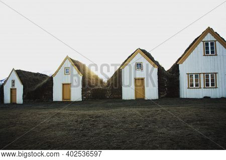 Panoramic View Of Traditional White Moss Turf Houses Glaumbaer Museum In Skagafjordur Northern Icela