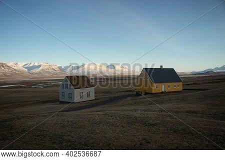Panoramic View Of Traditional Buildings Glaumbaer Museum In Skagafjordur Northern Iceland, Europe In