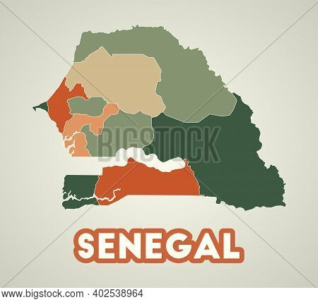 Senegal Poster In Retro Style. Map Of The Country With Regions In Autumn Color Palette. Shape Of Sen