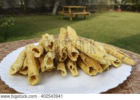 Gujarati Popular Snack Cuisine Item Snacks Breakfast. Made With Gramflour And Fried. Side View. Tast