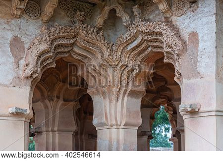 Hampi, Karnataka, India - November 5, 2013: Zanana Enclosure. Corner Closeup Of Brown And Gray Stone