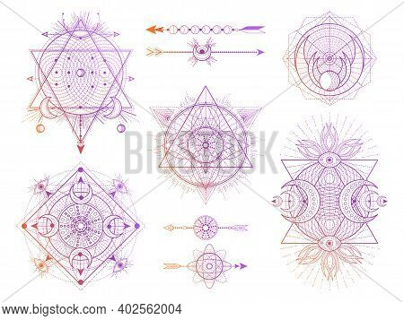 Vector Set Of Sacred Geometry Symbols With Moon, Eye And Arrows On White Background. Abstract Mystic