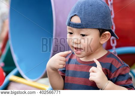 Asian Boy Portrait Enjoy, Little Boy Playing At The Park On The Playground For Kids & Children With 