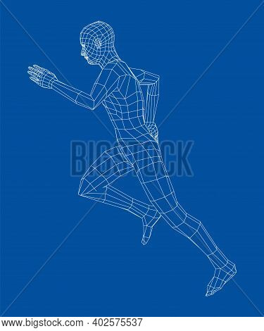 Wireframe Running Man. Vector 3d Rendering. Man In Running Pose