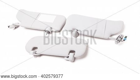 Car Visor Interior. Three Auto Grey Sun Visor With Mirror On White Isolated Background. Auto Service