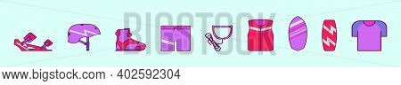 Set Of Wake Boarding Cartoon Icon Design Template With Various Models. Modern Vector Illustration Is